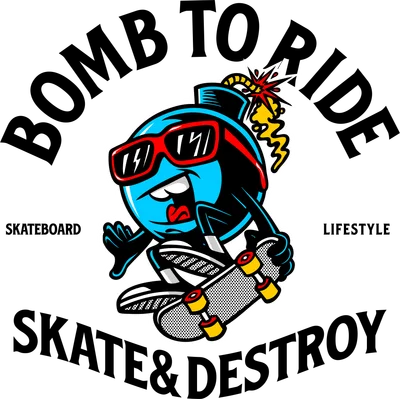 Hình ảnh bom hoạt hình màu xanh dương đeo kính đỏ đang trượt ván, với chữ 'BOMB TO RIDE' và 'SKATE & DESTROY' phong cách đường phố.
