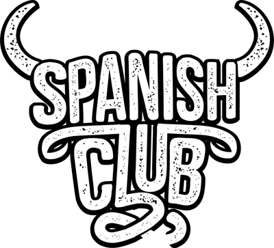 Logo "Spanish Club" với hình đầu bò cách điệu, chữ trắng viền đen trên nền xám.