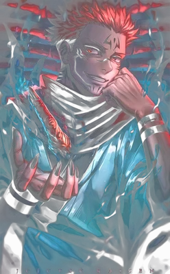 Ryomen Sukuna, nhân vật anime Jujutsu Kaisen, với mái tóc đỏ, hình xăm trên mặt và biểu cảm tự tin.