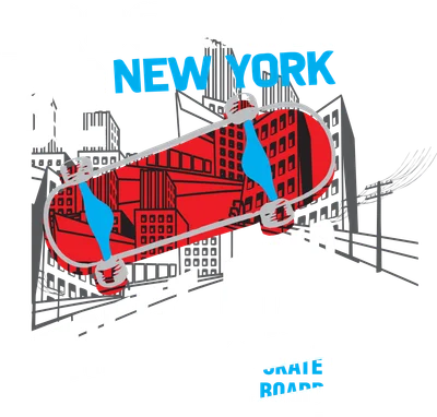 Hình minh họa skateboard màu đỏ và xanh trên nền thành phố xám, với chữ 'BROOKLYN NEW YORK 82 STREET JUMP'.