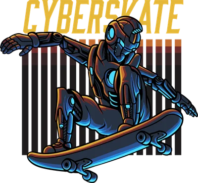Hình ảnh minh họa robot trượt ván với phong cách cyberpunk, có chữ CYBERSKATE phía trên.