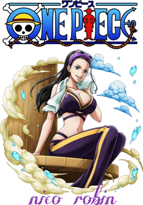 Hình ảnh nhân vật Nico Robin trong trang phục gợi cảm, ngồi trong bồn tắm hơi, với logo One Piece phía trên.