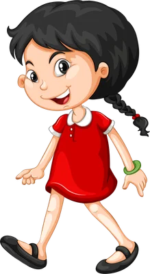 Hình ảnh hoạt hình cô bé tóc bím đen, mặc váy đỏ, đi giày đen, đeo vòng tay xanh lá, đang bước đi với nụ cười tươi.