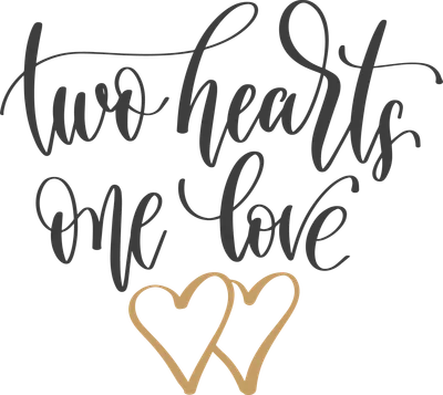 Thiết kế chữ viết tay "two hearts one love" với hai trái tim lồng vào nhau.
