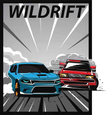 Hai chiếc xe đua, một xanh và một đỏ, đang drift với khói bốc lên, có chữ WILDrift phía trên.