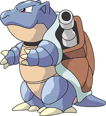 Hình ảnh Blastoise Pokémon màu xanh dương mạnh mẽ, có hai pháo nước lớn trên mai rùa.