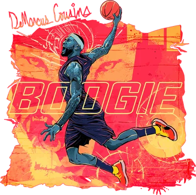 Hình minh họa vận động viên bóng rổ DeMarcus Cousins "Boogie" đang thực hiện cú úp rổ, với nền màu đỏ và vàng rực rỡ.