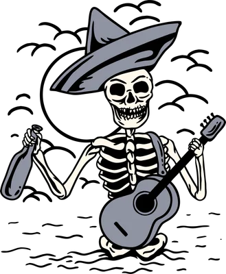 Hình vẽ bộ xương hoạt hình đội mũ sombrero, cầm đàn guitar và chai rượu, trên nền xám.