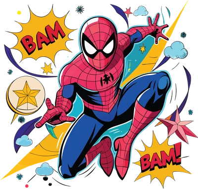 Hình ảnh Spider-Man đang trong tư thế hành động, với các hiệu ứng "BAM!" và các ngôi sao, mây, tia sét xung quanh, phong cách comic.