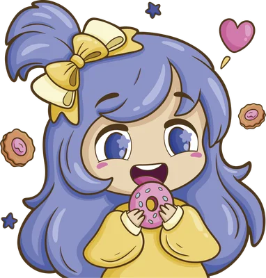 Hình ảnh minh họa cô bé tóc tím, đeo nơ vàng, đang vui vẻ ăn bánh donut hồng.