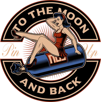 Hình minh họa phong cách Pin-up girl cổ điển ngồi trên chai thủy tinh với dòng chữ To The Moon And Back
