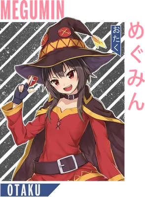 Hình ảnh cô gái anime Megumin với mái tóc đen, đội mũ phù thủy nâu viền vàng, mặc trang phục đỏ và áo choàng vàng, tay giơ lên chào.