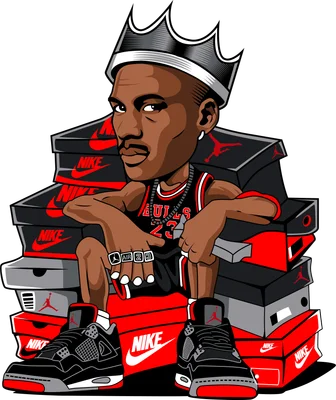 Hình vẽ Michael Jordan đội vương miện, mặc áo Chicago Bulls, ngồi trên chồng hộp giày Nike và mang giày Nike Air Jordan.