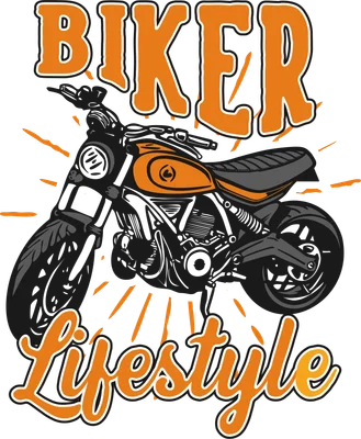 Hình minh họa xe mô tô cổ điển màu cam và đen với chữ BIKER LIFESTYLE trên nền xám, phong cách mạnh mẽ.