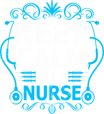 Hình ảnh chữ 'Keep Calm I'm a Nurse' với biểu tượng ống nghe và kim tiêm màu xanh dương trên nền xám.
