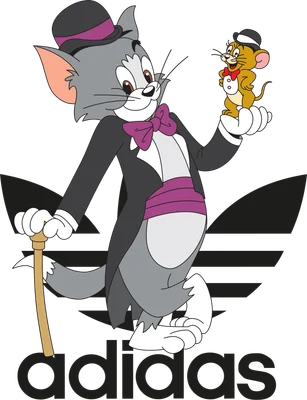 Hình ảnh hoạt hình Tom và Jerry mặc vest, đội mũ, đứng trước logo Adidas.