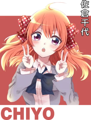 Hình ảnh cô gái anime tóc cam dài, mắt tím to tròn, mặc áo xám, đeo nơ chấm bi, giơ hai ngón tay chữ V.