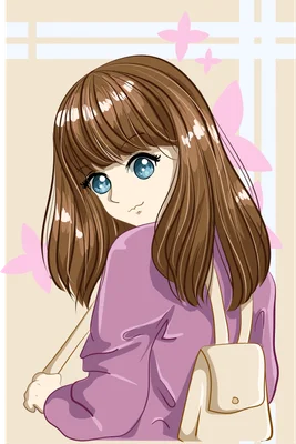 Hình minh họa cô gái anime tóc nâu mắt xanh đeo balo phong cách hoạt hình Nhật Bản