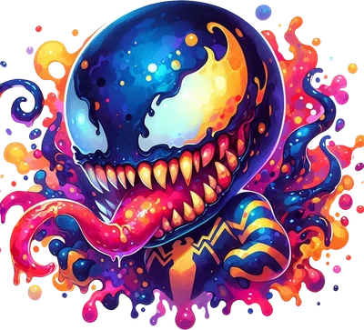 Hình ảnh Venom hoạt hình với thân hình tròn, răng nanh sắc nhọn, lưỡi dài và hiệu ứng bắn sơn màu sắc rực rỡ.