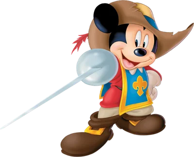Hình ảnh Mickey Chuột trong trang phục lính ngự lâm màu đỏ xanh, đội mũ nâu, cầm kiếm, mỉm cười.