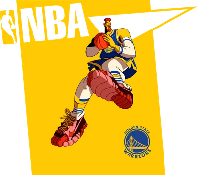 Hình vẽ hoạt hình cầu thủ NBA Golden State Warriors đang cầm bóng rổ, với logo đội bóng và chữ NBA.