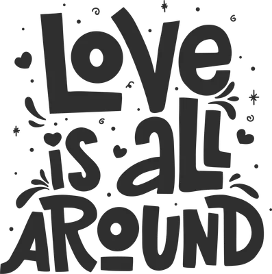 Chữ nghệ thuật 'Love is All Around' với các họa tiết trái tim và chấm bi trên nền xám