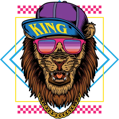 Hình minh họa sư tử phong cách hip hop đeo kính râm, đội mũ lưỡi trai có chữ KING, thiết kế vector màu sắc nổi bật
