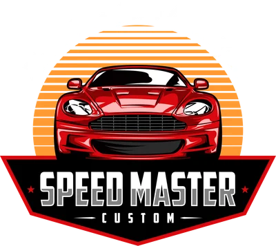 Hình ảnh vector xe thể thao màu đỏ với dòng chữ 'Reach The Goals With Speed' và logo 'SPEED MASTER CUSTOM'.