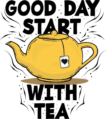 Hình minh họa ấm trà màu vàng với dòng chữ 'GOOD DAY START WITH TEA' và biểu tượng trái tim trên túi trà.