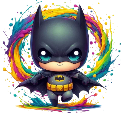 Hình ảnh Batman phiên bản chibi dễ thương, mặc trang phục đen, có logo dơi vàng, đứng giữa vòng xoáy màu sắc rực rỡ như cầu vồng.
