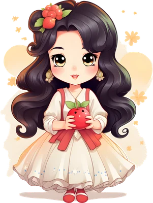 Hình minh họa cô bé chibi tóc đen dài, mặc váy trắng, ôm quả táo đỏ, với hoa quả trên tóc, nền xám nhạt.