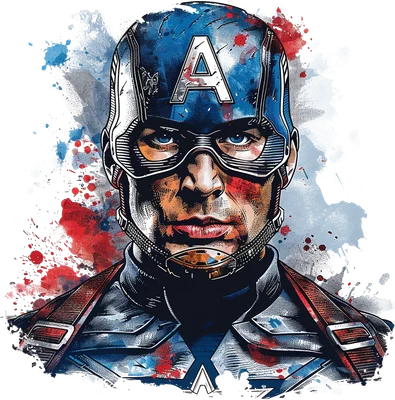 Hình ảnh Captain America với mũ bảo hiểm xanh, biểu tượng chữ A, khuôn mặt nghiêm nghị, hiệu ứng màu nước đỏ và xanh trên nền xám.