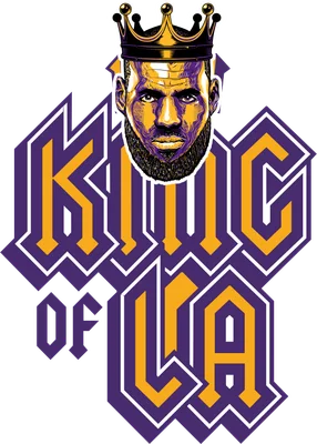 Hình ảnh minh họa LeBron James đội vương miện vàng, với dòng chữ "KING OF LA" màu tím và vàng.