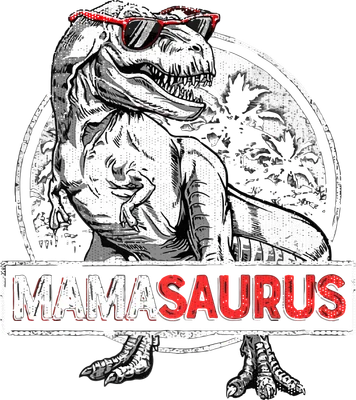Hình ảnh khủng long T-Rex vẽ tay đội kính râm đỏ, chữ "Mamasaurus" bên dưới, phong cách retro.
