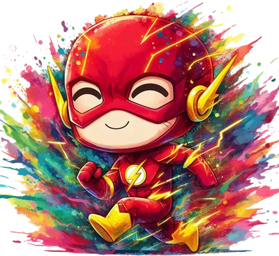 Hình ảnh Flash chibi chạy nhanh với trang phục đỏ vàng, xung quanh là vệt màu nước sặc sỡ và tia sét.