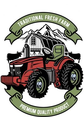 Hình ảnh máy cày đỏ cổ điển với trang trại và núi phía sau, có chữ 'FARM TRACTOR' và 'TRADITIONAL FRESH FARM'