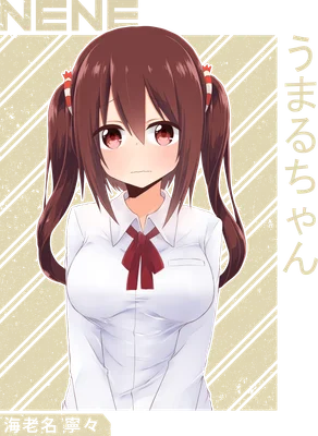 Hình ảnh cô gái anime tóc nâu hai bím, mặc áo sơ mi trắng, đeo nơ đỏ, biểu cảm ngây thơ.