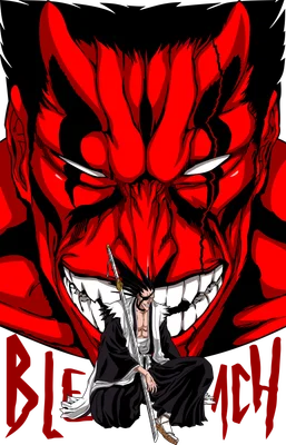 Hình ảnh nhân vật anime Kenpachi Zaraki ngồi với thanh kiếm, phía sau là khuôn mặt Hollow màu đỏ dữ tợn.