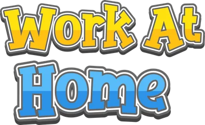 Dòng chữ "Work At Home" màu vàng và xanh dương, font chữ hoạt hình, viền trắng và xám.