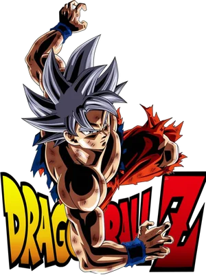 Hình ảnh Goku với mái tóc bạc đặc trưng của trạng thái Ultra Instinct, cơ bắp cuồn cuộn, đang trong tư thế chiến đấu mạnh mẽ, kèm logo Dragon Ball Z.