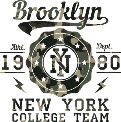 Thiết kế chữ Brooklyn New York College Team với họa tiết rằn ri quân đội và biểu tượng sấm sét trên nền xám.