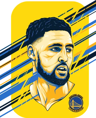 Hình vẽ vector chân dung cầu thủ Klay Thompson của Golden State Warriors, nền vàng với các đường kẻ xanh và đen.