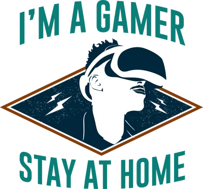 Hình minh họa game thủ đeo kính thực tế ảo VR với dòng chữ 'I'M A GAMER STAY AT HOME' trên nền xám.