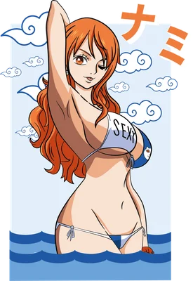Hình vẽ Nami (One Piece) mặc bikini xanh trắng, tóc cam, đang tạo dáng trong nước với mây trắng phía sau.