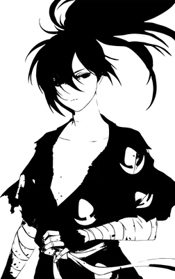 Hình vẽ nhân vật anime nam mặc trang phục samurai, tóc đen buộc cao, tay cầm kiếm, phong cách đen trắng.