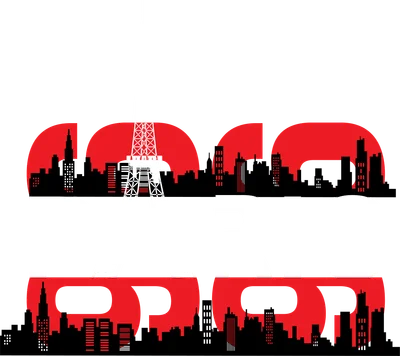Hình ảnh Tháp Eiffel trắng nổi bật trên nền xám, với chữ PARIS và các tòa nhà silhouette đỏ đen.