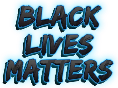 Dòng chữ 'BLACK LIVES MATTERS' với hiệu ứng đổ bóng và viền xanh neon nổi bật trên nền xám.