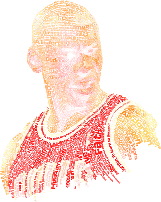 Hình ảnh chân dung Michael Jordan được tạo thành từ các dòng chữ và số, với màu đỏ và cam chủ đạo.
