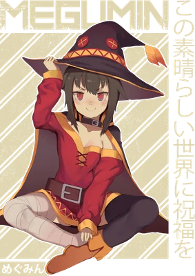 Hình ảnh Megumin, nhân vật anime cô gái phù thủy đội mũ, mặc trang phục đỏ và áo choàng.
