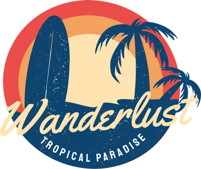 Hình in phong cách vintage với chữ Wanderlust, ván lướt sóng, cây dừa và hoàng hôn nhiệt đới.
